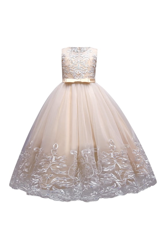 Flower Girl Lace Dress for Kids Wedding Bridesmaid Pageant Party Formal Long Maxi Gown Princess Communion Tulle Bow Dresses 6-7 Years Champagne