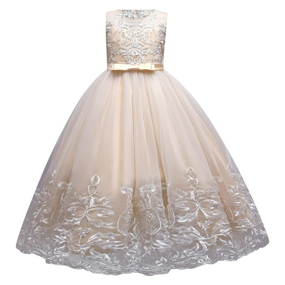 IBTOM CASTLE Flower Girl Lace Dress for Kids Wedding Bridesmaid Pageant Party Formal Long Maxi Gown Princess Communion Tulle Bow Dresses 6-7 Years Champagne