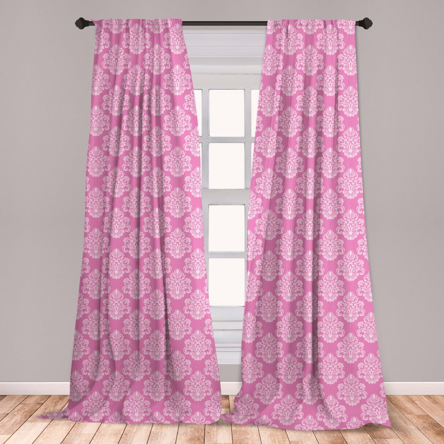Pink Curtains 2 Panels Set, Intricate Flower Motifs Petals and Leaves