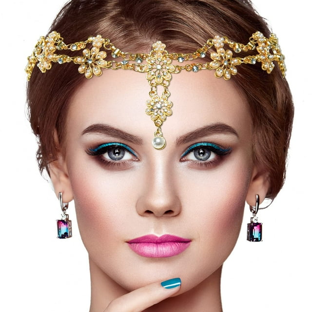 Gonioa Cadena para la Cabeza Joyería Diadema Accesorios para el Cabello Bohemios de Cristal con Peal Cadenas para la Cabeza de Mujer Cadena para la Frente Tocados de Diamantes de imitación con Colgant