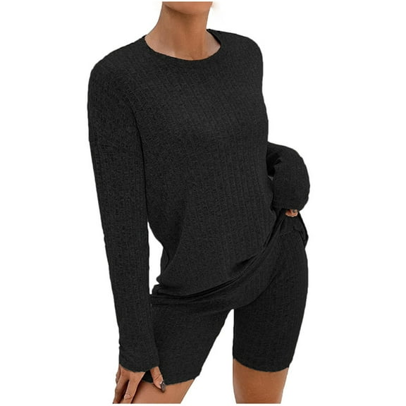 Summer Fsshion Two Piece of Outfits for Womens Plus Size Casual Solid Color Suit Long Sleeved Top And Shorts Two-Piece Set