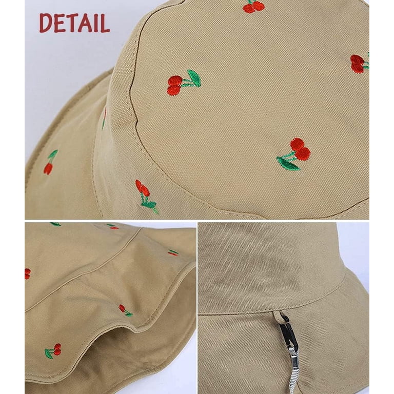 LinYooLi Cute Cherry Embroidered Bucket Hat Reversible Double-Side