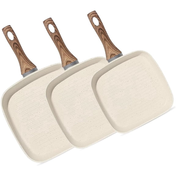Parcus 3 Pieces Nonstick Grill Pan Set, Square Grill Pans with Stay-Cool Handles, Compatible with All Stovetops for Steak BBQ Vegetables, (9.5" 10" 11"), Beige