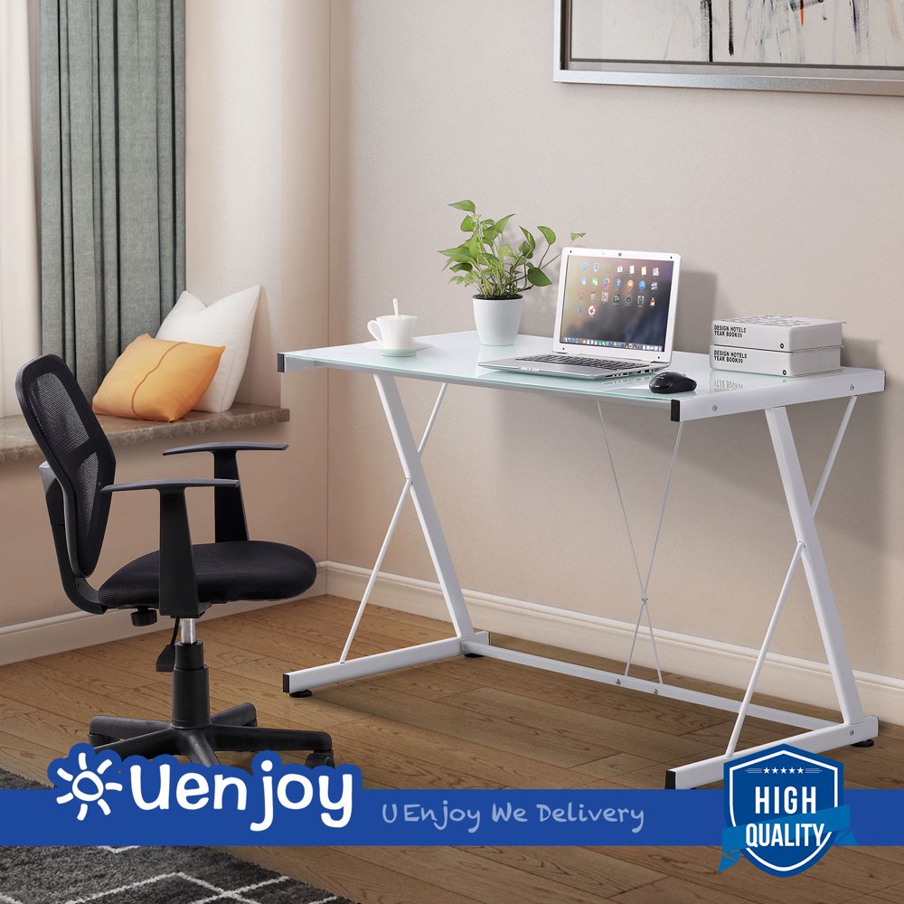 Mecor PC Laptop Glass Table White Computer Desk Workstation Office Home