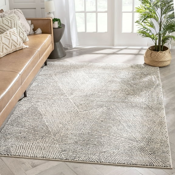 Well Woven Malaga Enzo Geometric Lines Beige 3'11" x 5'3" High-Low Area Rug