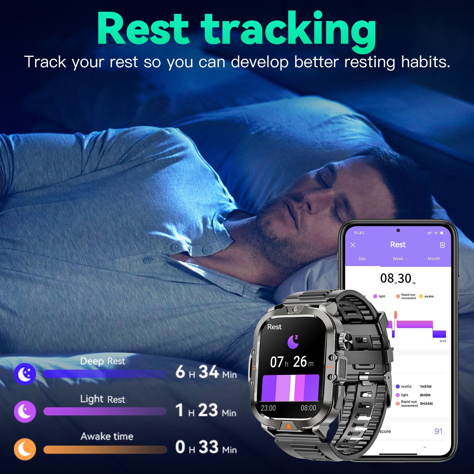 Mingwear 2.01-inch Military Smartwatch for Men with Fitness Tracker, Answer/Make Calls/100+ Sport Modes, IP68 Waterproof, Hiking Travel Pedometer Watch compatible with Android IPhone Devices (Black)