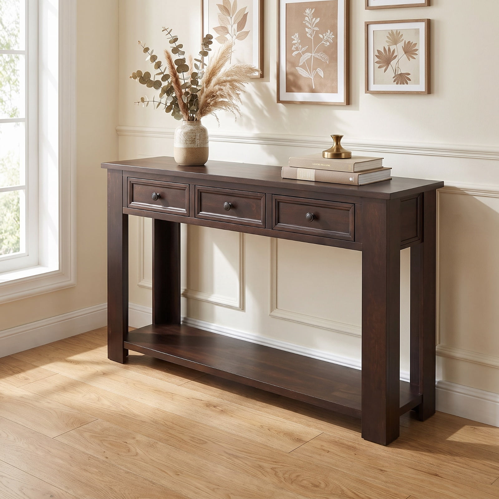 Furnibear 63 Inch Farmhouse Entryway Table Long Console Table with 4 Storage Drawers and Open Shelf for Living Room Hallway Sofa, Espresso