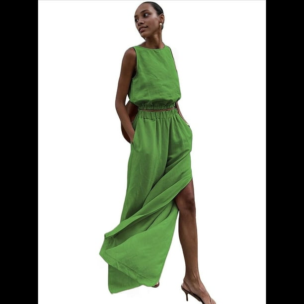 Conjuntos de 2 Piezas para Mujer: Chaleco de , Conjuntos Casuales Elegantes, Pantalones de Pierna con Abertura Alta. Verde M