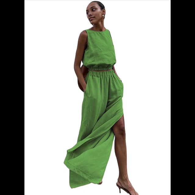 Conjuntos de 2 Piezas para Mujer: Chaleco de , Conjuntos Casuales Elegantes, Pantalones de Pierna con Abertura Alta. Verde M