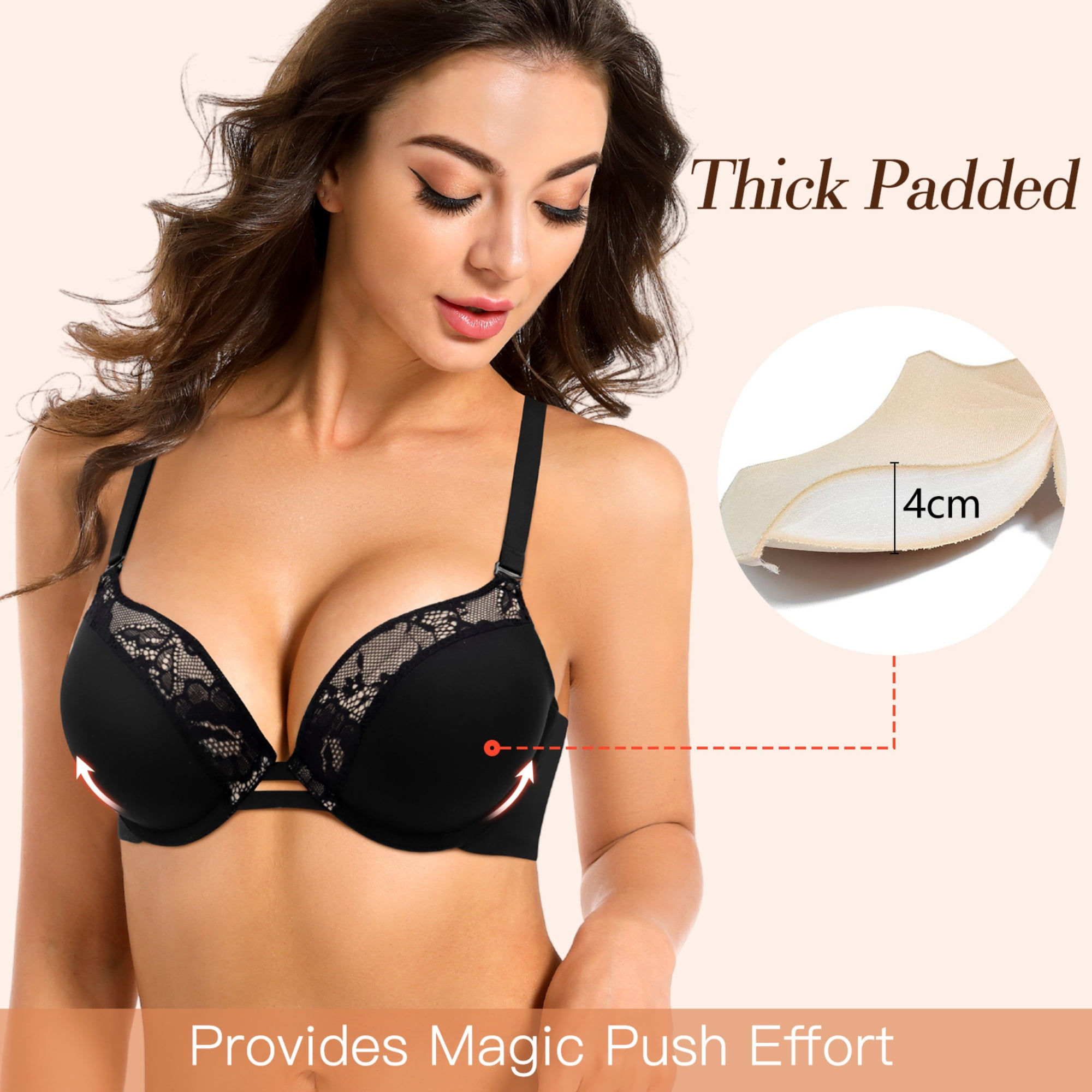 YANDW Push-up Padded Bras for Women Plunged Underwire Support Bra Add One Cups, Black 36A