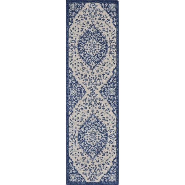 homeroots home decor 385624 2’ x 8’ Ivory and Blue Medallion Runner Rug