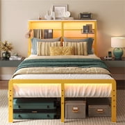 Bestier Full Size Bed Frame with LED Headboard & Charging Station, Metal Platform Bed with 15.7'' Large Under Bed Storage, Gold