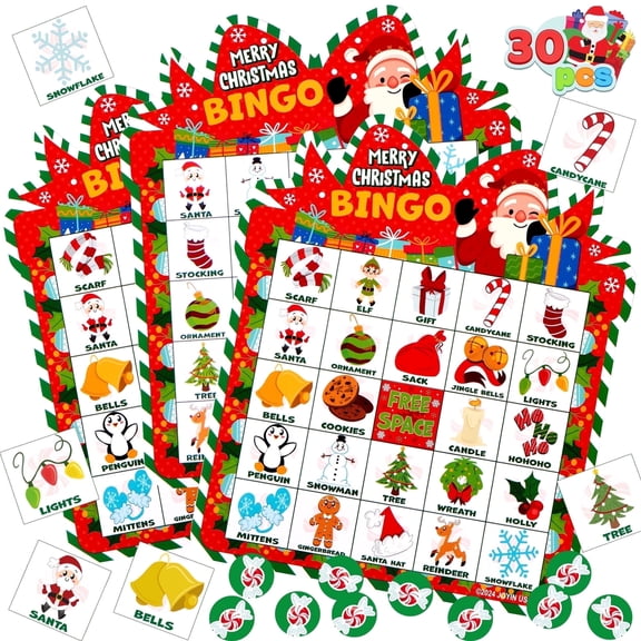 Joyfy 30 Players Christmas Bingo Cards for Kids Family Activities, Party Card Games, School Classroom Games, Turkey Party Supplies