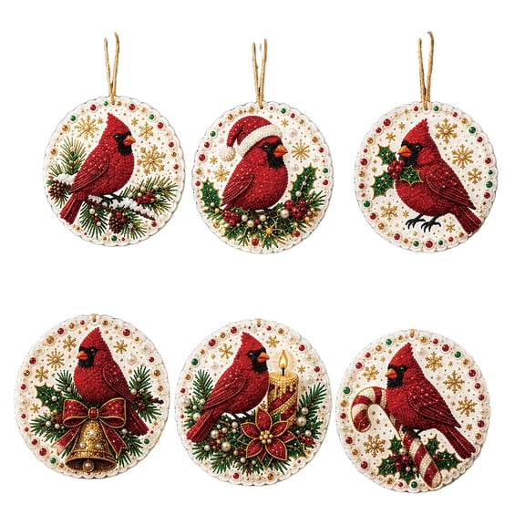 DVKOVI 6 PCS Cardinal DIY Diamond Art Ornaments Red Bird 5d Rhinestone Christmas Hanging Pendant Kits for Xmas Tree