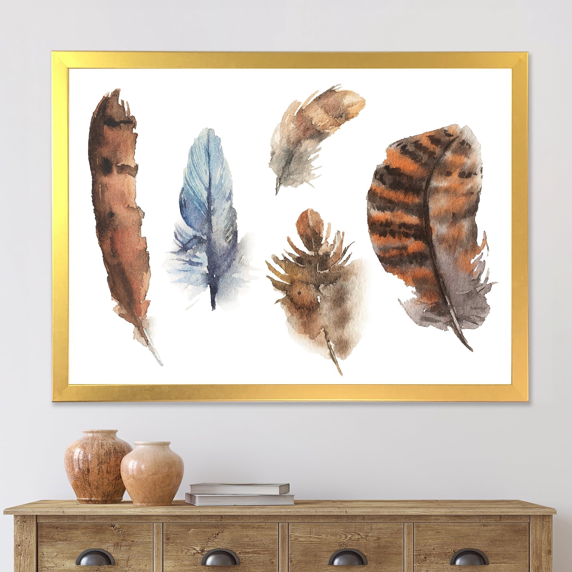 Designart 'Ethnic Boho Feathers In Earth Tones On White' Bohemian & Eclectic Framed Art Print