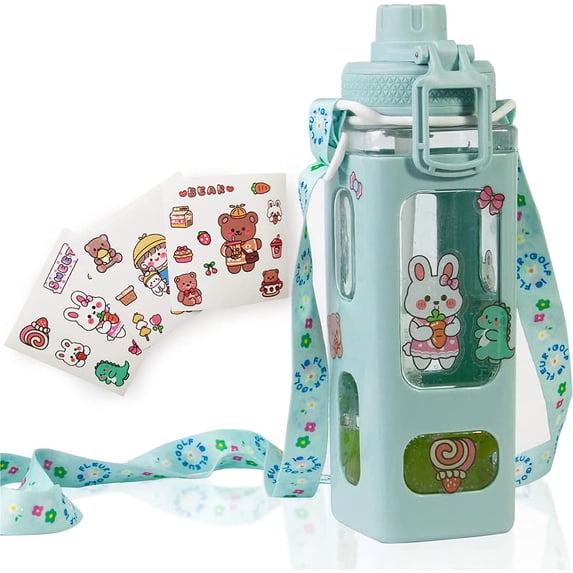 DabuLiu Kawaii Water Bottle for Kids Cute Water Bottles with Straw Portable Square Drinking Bottle, Leakproof Water Jug for Girls, 30 oz (Green-900ml)