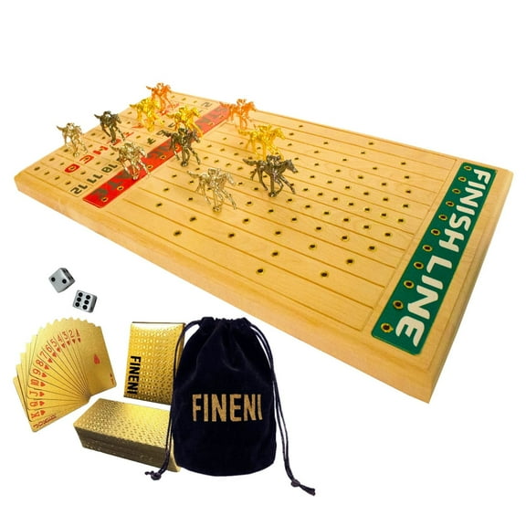 FINENI Horse Racing Game for Adults, Horse Race Board Game with 11 Luxurious Metal Horses (Gold, Silver, Black, Rose Gold), 22” Beech Wood Horse Race Game Board, Dice & Gold Card Included