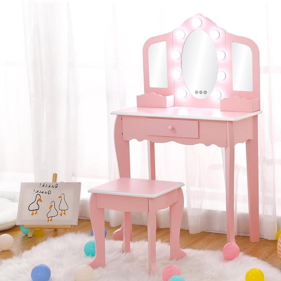 EastVita Kids Vanity with Lighted Mirror - Little Girls Vanity Table and Stool - Kids Makeup with Tri-Fold Mirror - Drawer and Storage Grid for 3-9 Yrs Girls - Pink