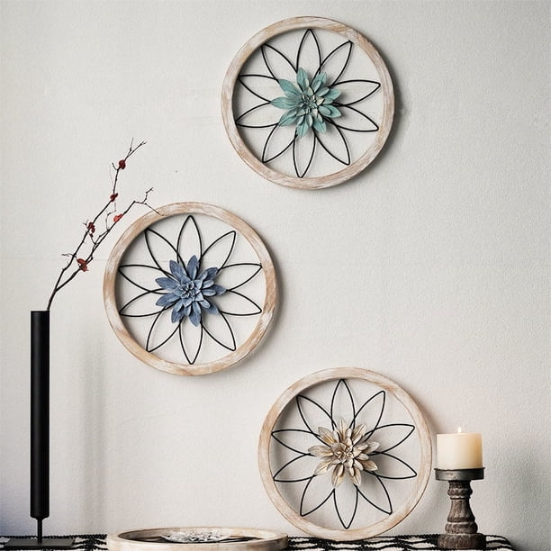 Nvzi 3 piezas de decoración de pared de granja redonda de 11,81 pulgadas, arte de pared rústico de madera y metal para sala de estar, dormitorio,decoraciones para el hogar (verde, azul, llamativo)