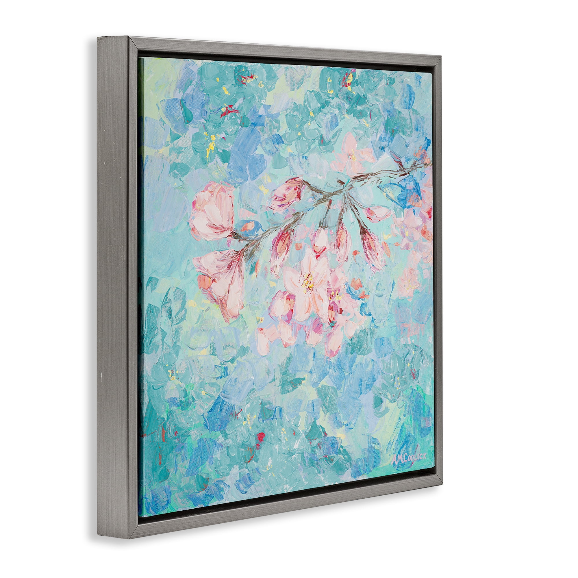 Stupell Industries Cherry Blossoms on Blue Plants & Flowers Painting Gray Floater Framed Canvas Art Print Wall Art, 18 x 18