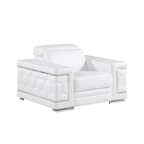 HomeRoots 47" White and Silver Genuine Leather Lounge Chair