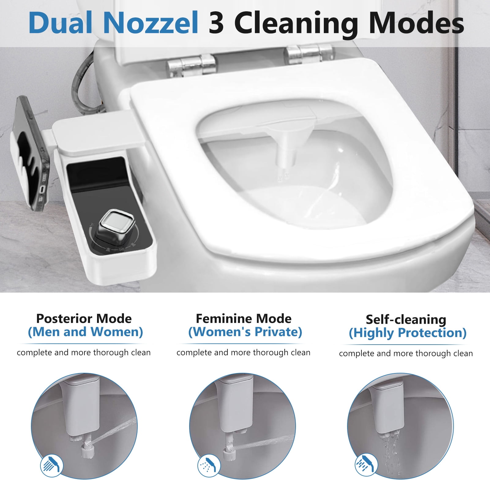 Bidet Attachment for Toilet, Non Electric, Self Cleaning Dual Nozzles for Front and Rear Cold Water Wash, Adjustable Water Pressure