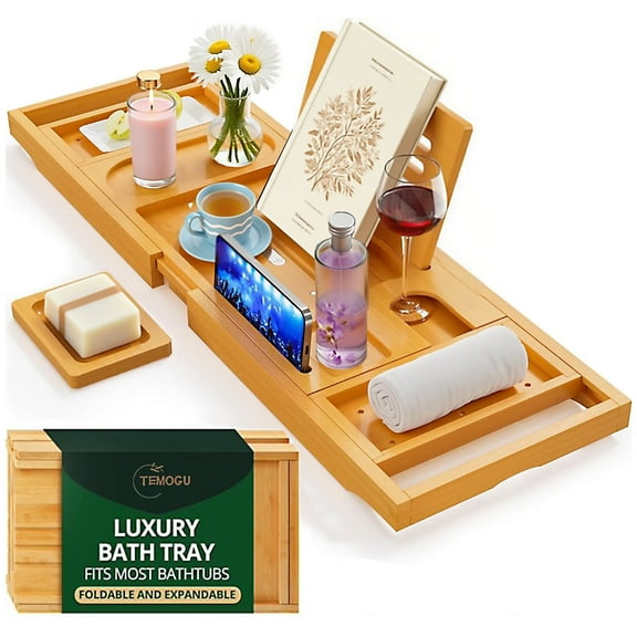 Premium Foldable Bathtub Tray Caddy - Wood Bath Tray for Tub, Bamboo Shelf, Adjustable Bath Table Trays, Bathtub & Bathroom Accessories for New Home & Mothers Day & Birthday Gifts for Mom