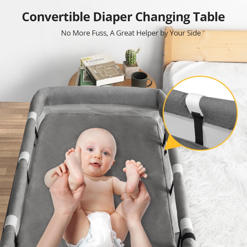 Baby Bassinet, Caveen 4 in 1 Adjustable Infant Bedside Crib Beds with Changing Table, Storage Basket, Wheel, Mosquito Net, for 0-24 Months, Gray