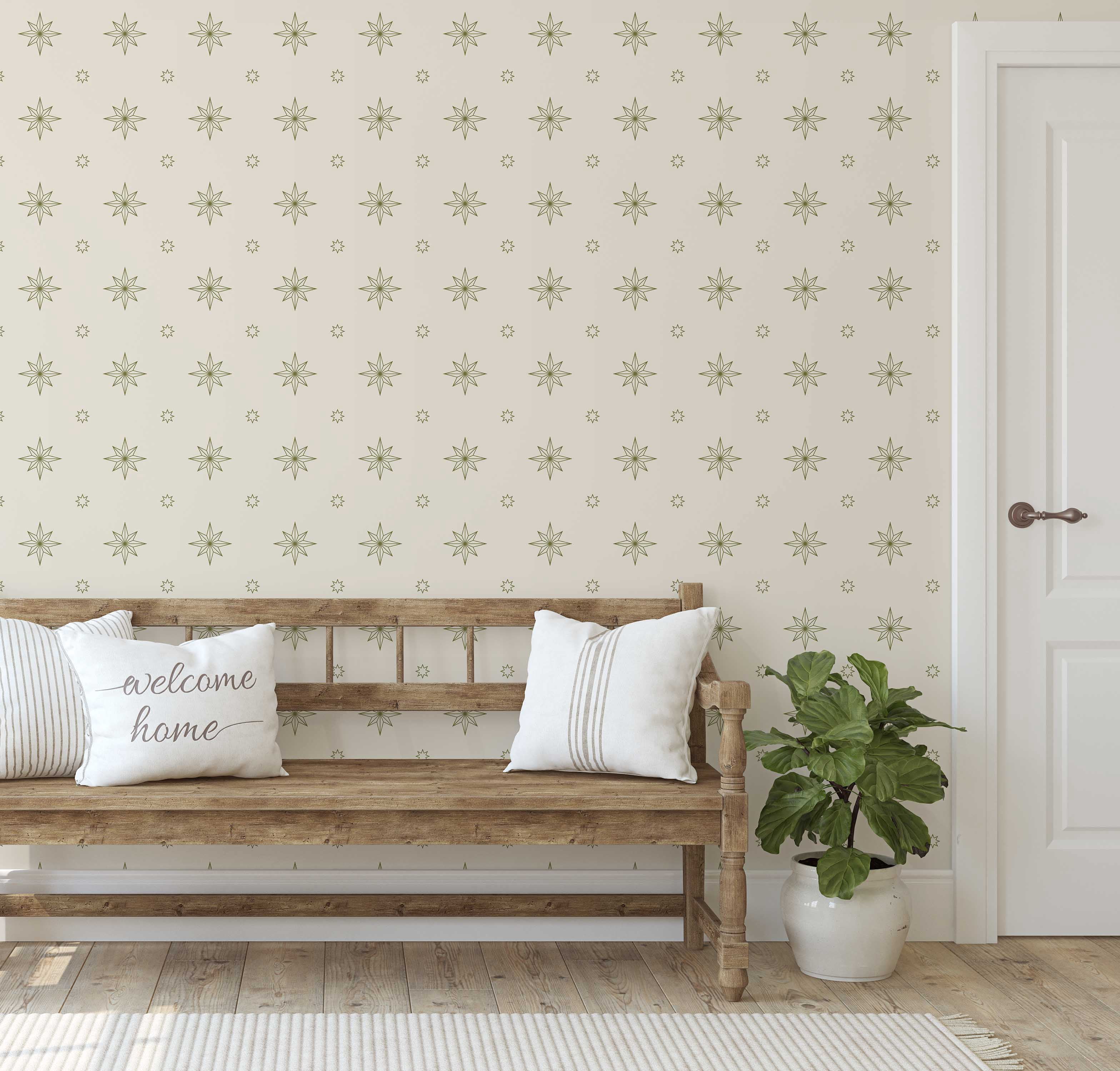 S4sassy Removable Vintage Style Waterproof Wall Wrap, Finish Mosaic Tile Wallcover, Compass Starburst Pattern Contact Paper for Backsplash, Self Adhesive Vinyl Wallpaper Roll- Beige- 25"x360"