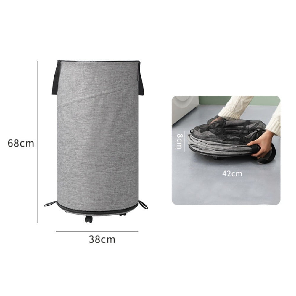 Rolling Laundry Hamper with Wheels, 75L Round Collapsible Oxford Fabric Laundry Basket, Gray