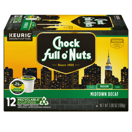 Chock full o’Nuts® Midtown Manhattan Decaffeinated Coffee, Single Serve Keurig® K-Cup® Pods, Medium Roast Coffee, 12-Count Box