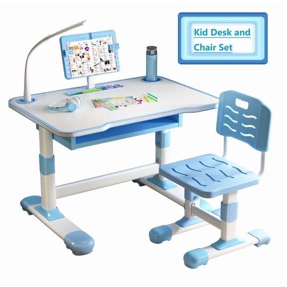 AurumEdge Kids Functional Desk and Chair Set, Ergonomic Height Adjustable Children School Study Desks with LED Table Light & Large Drawer, Children Learning Table Student Desk Chair (Blue)