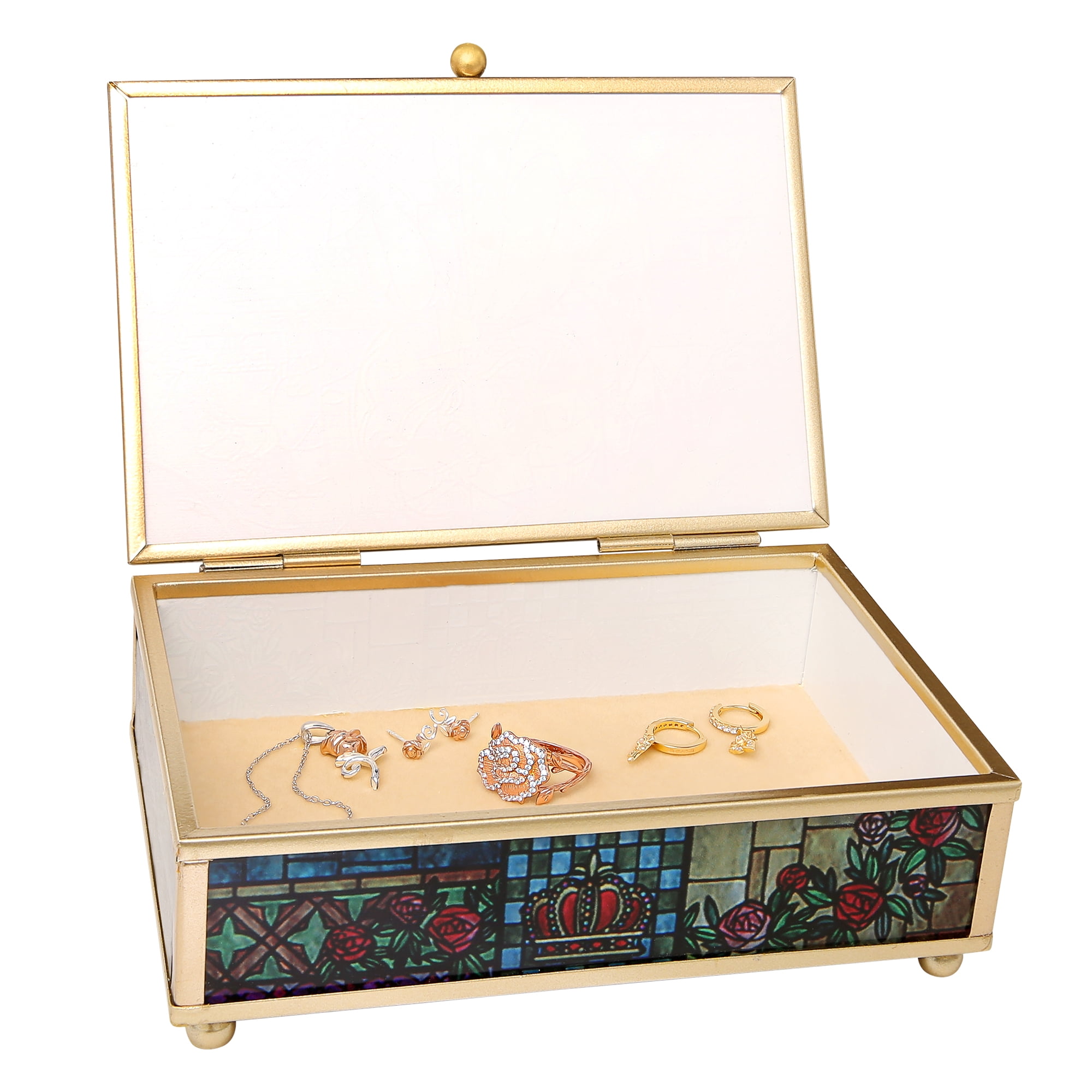 Disney Beauty and the Beast Jewelry Box- Glass Jewelry Case with Stained Glass Belle and the Prince Design Jewelry