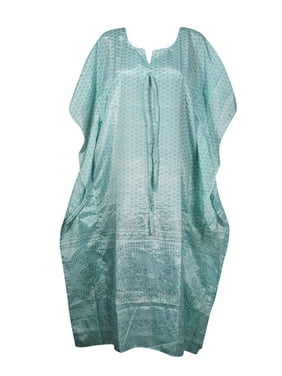 Mogul Women Sky Blue Maxi Kaftan V-Neck Printed Kimono Sleeves Resort Wear Beach Cover Up Caftan Dresses 2X