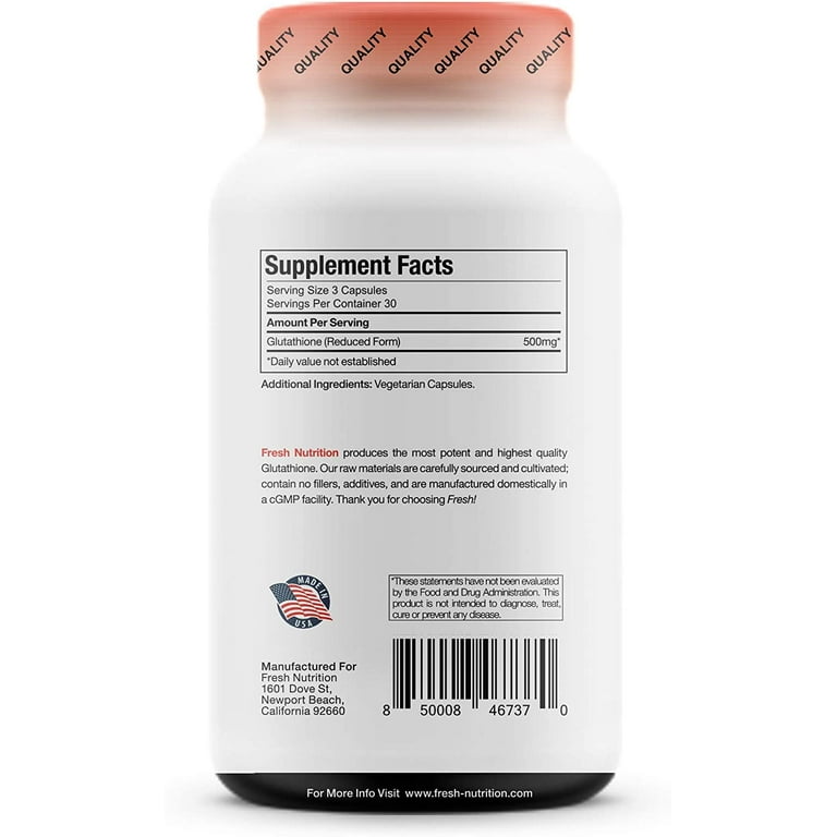 Fresh Nutrition Glutathione Supplement, 500mg Reduced Form, Vegan, DNA  Verified, 90 Capsules