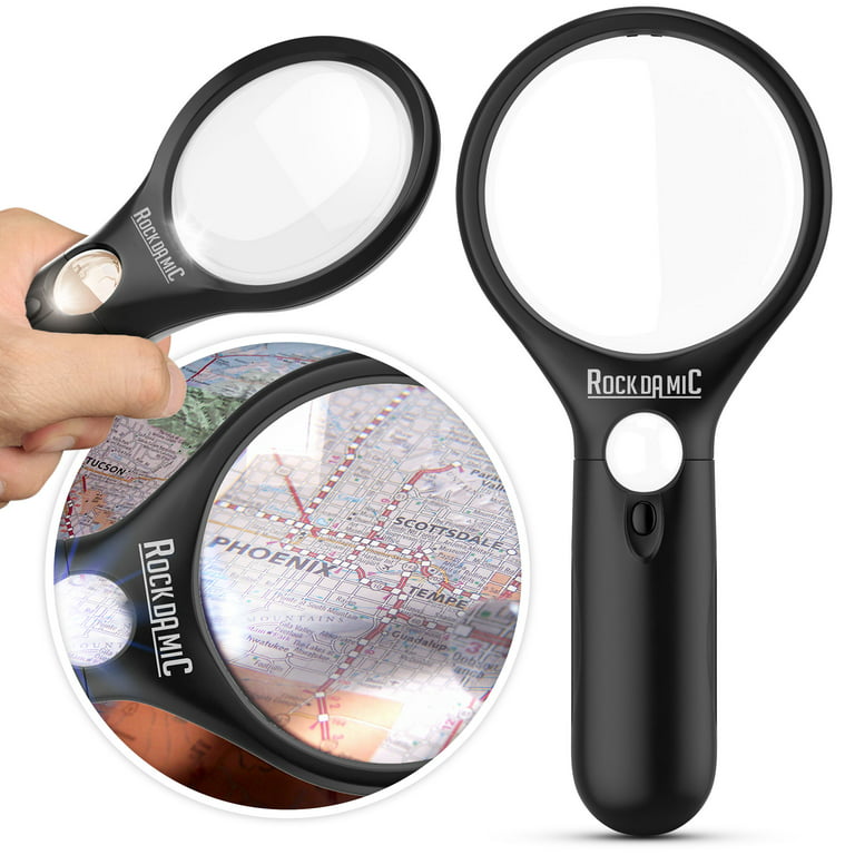 RockDaMic Professional Magnifying Glass with Light (3X / 45x) Large Lighted  Handheld Glass Magnifier Lupa for Reading, Jewelry, Coins, Stamps, Fine  Print - Strongest Magnify for Kids & Seniors 