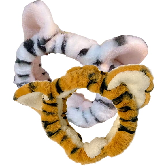 Tineasur 2Pcs Plush Tiger Ears Headband Elastic Stretch Hairband for Makeup Face Washing