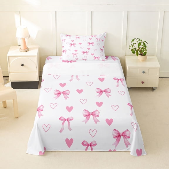 Erosebridal Girls Bow-Tie Twin Sheet Sets, Kawaii Love Hearts Bedding, White Pink, 1 Flat Sheet, 1 Fitted Sheet and 1 Pillowcase