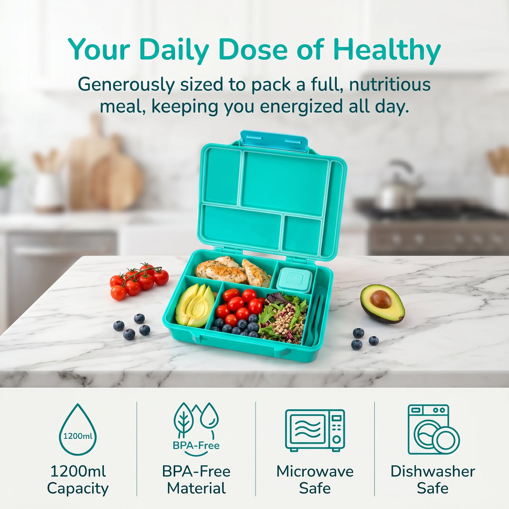 Unique Bargains 5-Compartment Leak-Proof Meal Lunch Bento Box Green