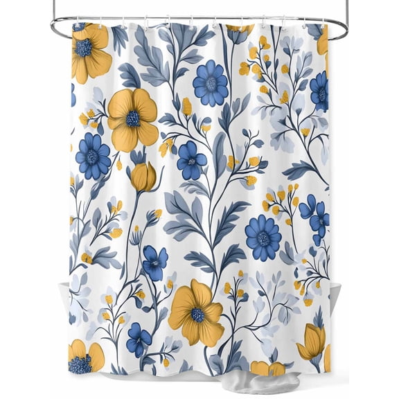 Vintage Yellow Blue Flower Shower Curtain, Abstract Floral Waterproof Shower Curtain Set with 12 Hooks Lightweight Washable Fabric Shower Curtains for Bathroom 36x72 Inches