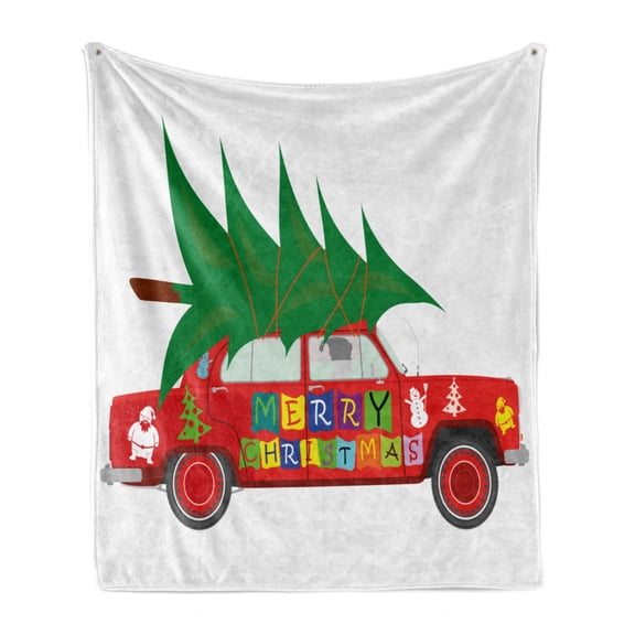 Christmas Soft Flannel Fleece Throw Blanket, Red Vintage Car Xmas Tree Merry Celebration Words and Snowman Elf, Cozy Plush for Indoor and Outdoor Use, 50" x 60", Vermilion Green White, by Ambesonne