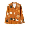 thumbnail image 4 of QIUOMBBP Women's Halloween Pajamas 2 Piece Sets Cute Pumpkin Print Long Sleeve Button Up Shirt and Wide Leg Pants Pjs Outfits Loungewear, Orange, M, 4 of 6