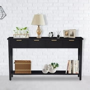 Kinbor Modern Long Console Table, 2-Tier Sofa Table for Living Rooms Hallways, Bright Black Finishing