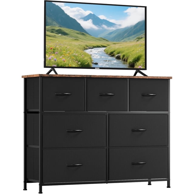 Commode pour Chambre avec 7 Tiroirs, Grand Commode avec Dessus en Bois, Commode en Tissu Noire avec Tiroirs de Rangement pour Salon, Garde-Robe, Entrée, Brun Rustique Noir