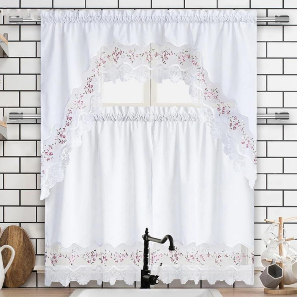Embroidered Lace Half Valance Eyelet Tier Curtains Kitchen Window Treatment 