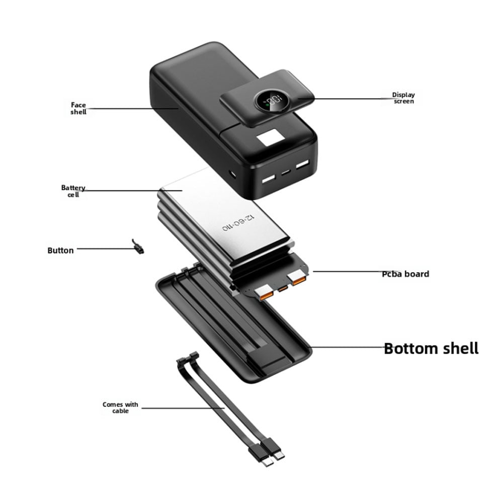 50000mAh Mini Portable Power Bank with Built-in 4 Cables (Micro/Type-C), Fast Charging, Smart LCD Display & Ultra-Bright LED Flashlight, - Battery Pack for Smartphones, for outdoor Travel Charger