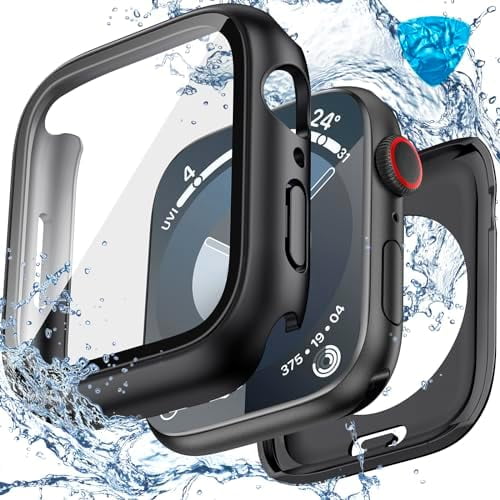 3‑in‑1 Goton Waterproof Case for Apple Watch 41mm Matte Black, 360° Full Protective Tempered Glass Face Cover Back Hard PC Bumper for iWatch Series 9/8/7