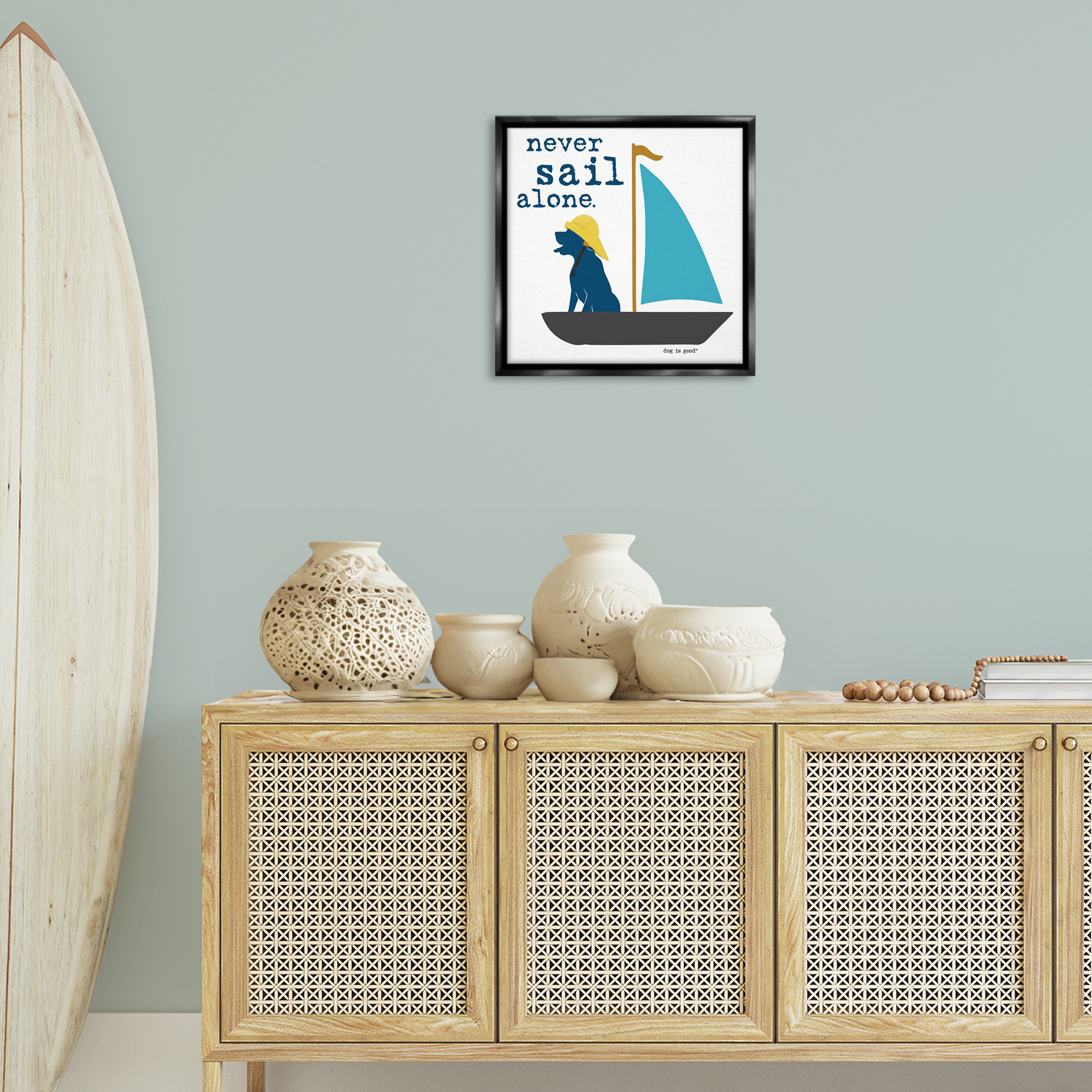Stupell Industries Never Sail Alone Dog Animals Painting Black Floater Framed Canvas Art Print Wall Art, 18 x 18