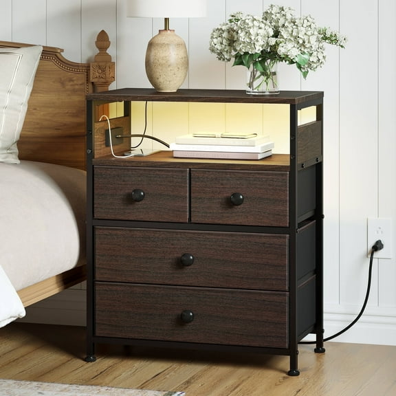 GUNAITO Led Nightstand with 4 Drawers Bedside Table with Charging Station Wide End Table with Storage Shelf for Living Room,Brown