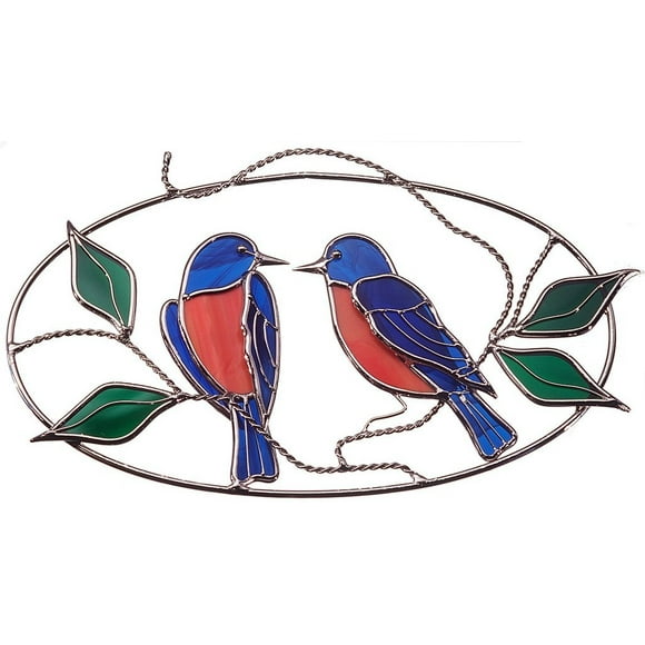 Bluebirds Made from Real Stained Glass on Wire Oval Ring